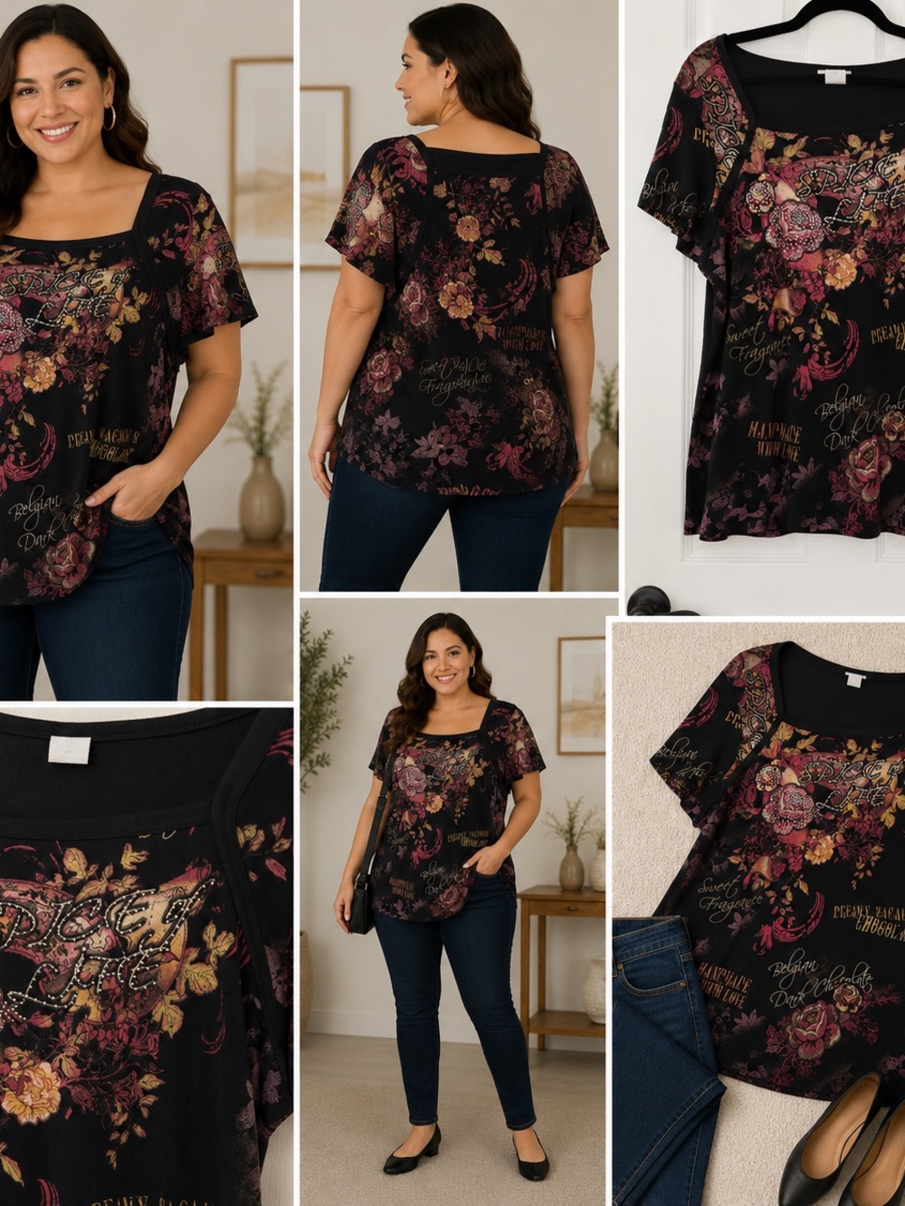 dressbarn Black Short-Sleeve Square-Neck Floral Print Top - XL
